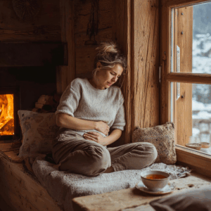 Frau mit Bauchschmerzen auf einer Fensterbank in einer Holzhütte.