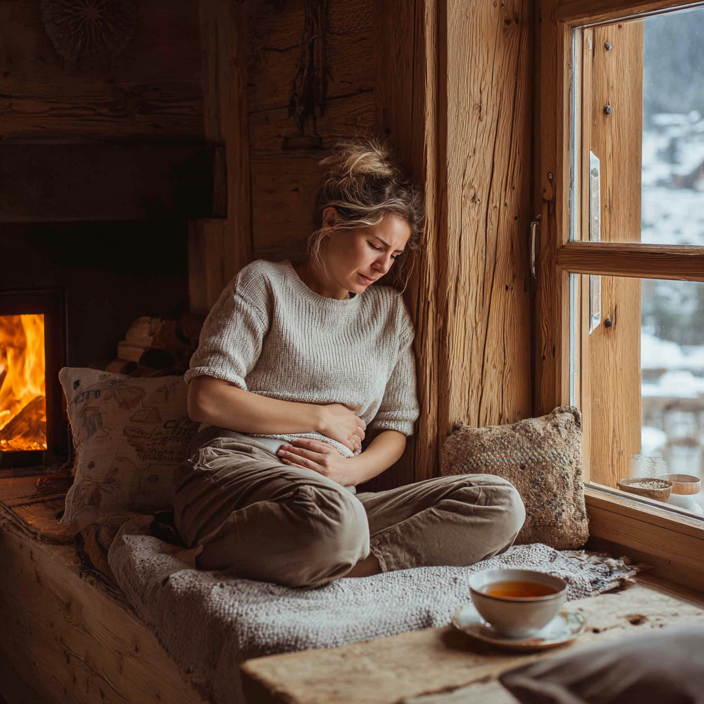 Frau mit Bauchschmerzen auf einer Fensterbank in einer Holzhütte.