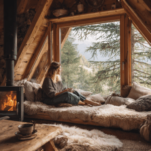 Frau Fensterbank Holzhütte Wald